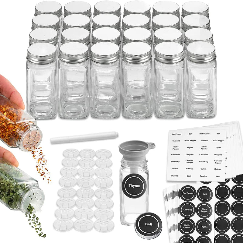 Spice Bottles Empty Glass with Labels 4 Oz - 36 Piece Spice Jars Spice Container Shaker Lids, Airtight Metal Caps and Chalkboard/Clear PVC Seasoning Labels, Chalk Marker & Collapsible Funnel Home & Garden > Decor > Decorative Jars HOLDN’ STORAGE 24 Pieces  