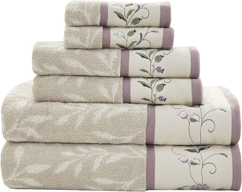Madison Park Serene 100% Cotton Bath Towel Set Luxurious Floral Embroidered Cotton Jacquard Design, Soft and Highly Absorbent for Shower, Multi-Sizes, Purple 6 Piece Home & Garden > Linens & Bedding > Towels Madison Park Purple  