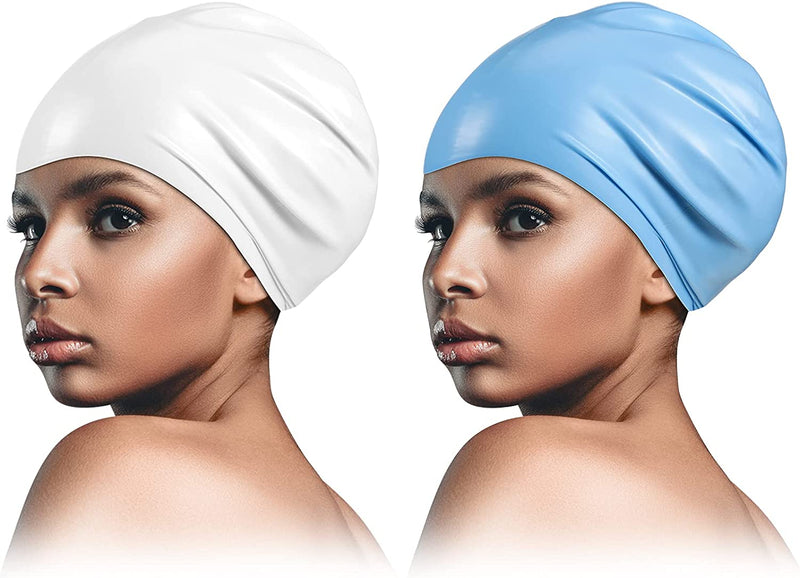 2 Piece Long Hair Swimming Cap for Man and Woman Silicone Swimming Cap Waterproof for Dreadlocks, Braids, Curls Sporting Goods > Outdoor Recreation > Boating & Water Sports > Swimming > Swim Caps Syhood Blue, White  