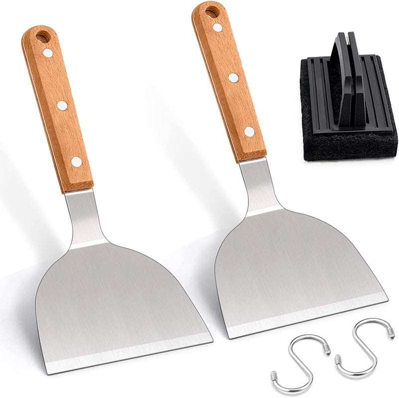 Leonyo Metal Spatula Set of 2, Stainless Steel Griddle Turner Spatula for Flat Top Grilling Flipping Cooking Hamburger BBQ Teppanyaki, Grill Accessories Tool for Smash Burgers, Pancake, Wood Handle Home & Garden > Kitchen & Dining > Kitchen Tools & Utensils Leonyo Wooden Handle, Wide Spatula x 2 + Brush  