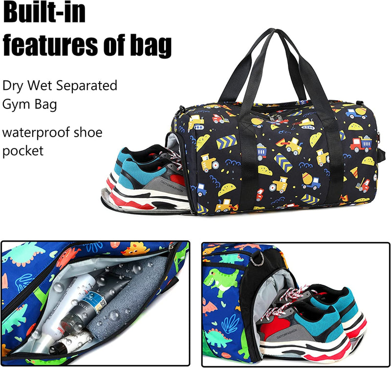 LOIDOU Duffle Bag for Boys Sport Gym Bag Kids Overnight Weekender Travel Duffel Bag with Wet Pocket & Shoe Compartment (Truck Black)