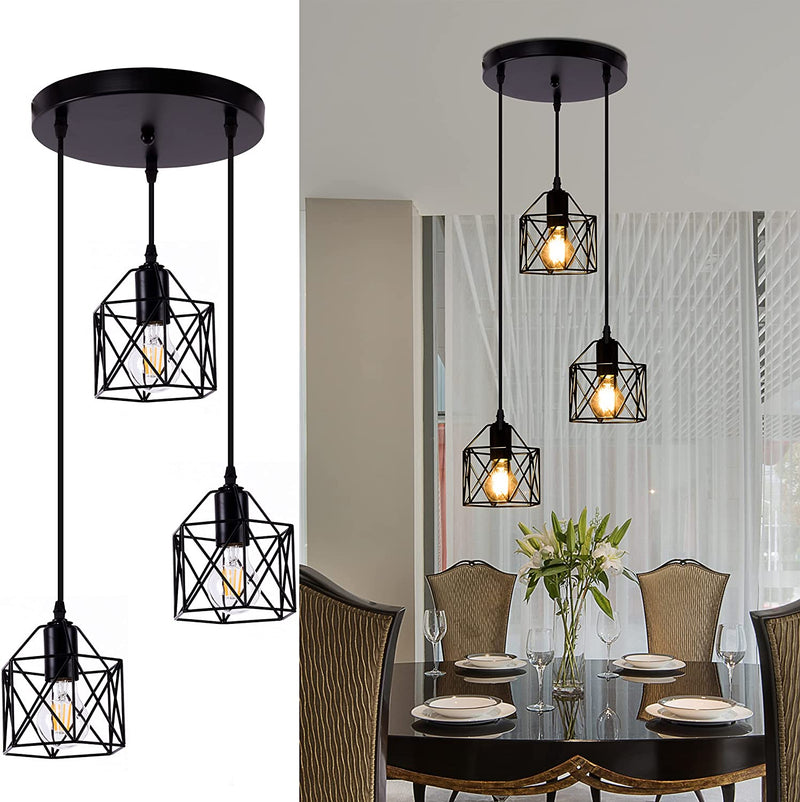 Dumaiway Industrial Pendant Light, 3-Light Metal Cage Rustic Hanging Pedant Lights Fixture Ceiling with Glass Shade for Kitchen Island, Dining Room, Cafe, Farmhouse, Foyer (Black E26 Base) Home & Garden > Lighting > Lighting Fixtures DuMaiWay 3-Lights  