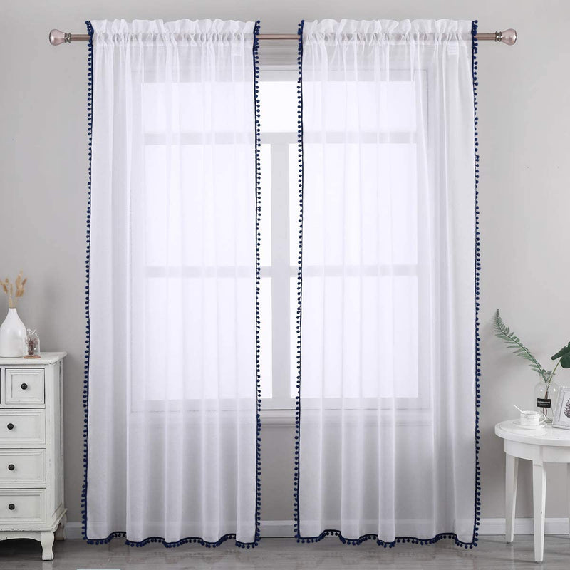 SPXTEX White Sheer Curtains 96 Inches Long Navy Pom Poms Curtains for Bedroom Light Filtering Long Semi Sheer Curtains for Living Room Farmhouse Window Treatment Curtains 2 Panels 38 X 96 Length Home & Garden > Decor > Window Treatments > Curtains & Drapes SPXTEX Navy W38 x L96 