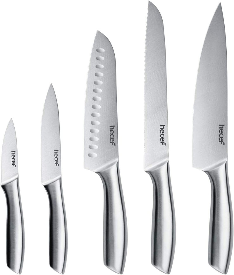 Hecef Gradient Black Kitchen Knife Set of 5, Chef Knife Set with Satin Finished Blade & Hollow Handle & Protective Sheaths, Includes Chef, Santoku, Bread, Utility & Paring Knife