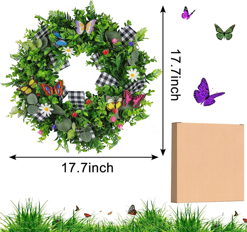 Spring/Easter Wreath Decoration, 18 Inch Artificial Green Leaves Daisy Wreath with Butterfly and Burlap Buffalo Plaid Bows, Spring Wreath for Front Door Farmhouse Easter Spring Decorations Home & Garden > Decor > Seasonal & Holiday Decorations Comken   