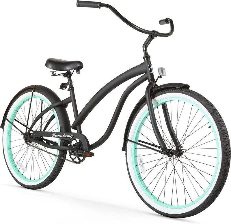 Firmstrong Bella Classic Single Speed Beach Cruiser Bicycle Sporting Goods > Outdoor Recreation > Cycling > Bicycles Firmstrong Matte Black/Green Rims 26" / 1-Speed 