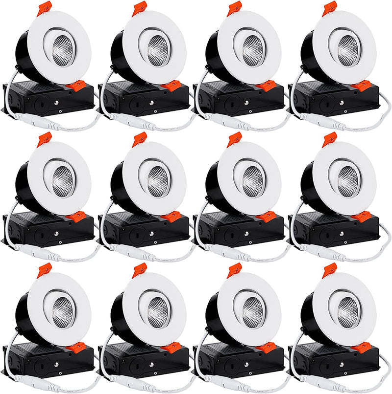 TORCHSTAR 12-Pack 3 Inch Gimbal Recessed Lighting LED with Junction Box, Dimmable Swivel Adjustable Eyeball Downlight, 7W (50W Eqv.), CRI 90+ Canless LED Ceiling Light, 3000K Warm White, White
