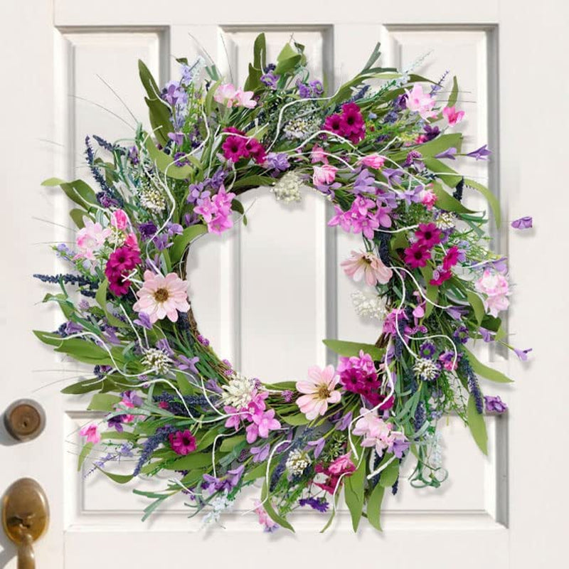 Spring Easter Wreaths for Front Door Outside, 22'' Summer Door Wreath, Lavender and Daisy, Artificial Decor Decorations for Home, Farmhouse, Window, Wedding (Pink)
