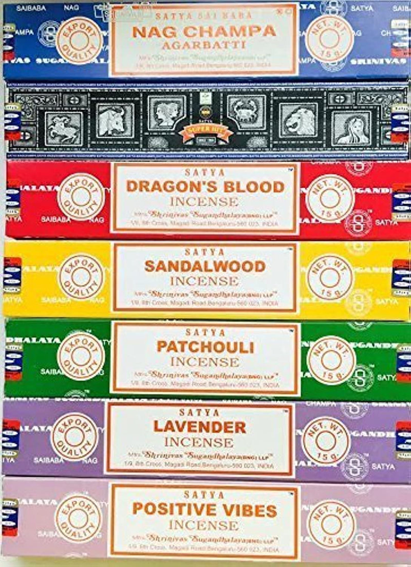 Satya Incense Gift Set Nag Champa, Super Hit, Dragon'S Blood, Sandalwood, Patchouli, Lavender, Positive Vibes, 15 G  satya sai baba   
