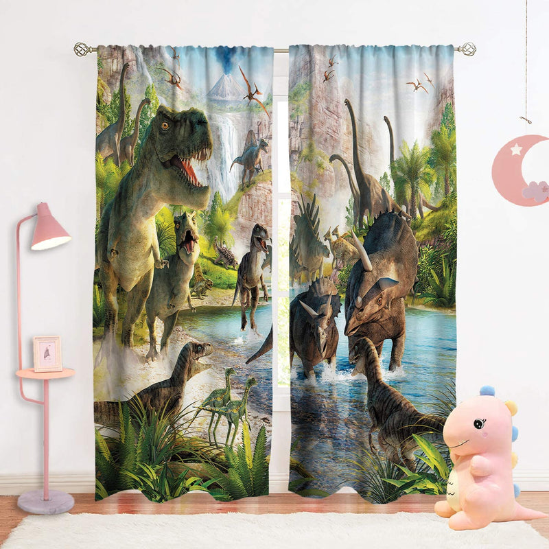 Sevendec Dinosaur Curtains for Kids Room Jurassi Anicient Animals Pattern Window Curtain Panels Decor for Bedroom Rod Pocket 2 Panels W42 X L63 Home & Garden > Decor > Window Treatments > Curtains & Drapes Sevendec   