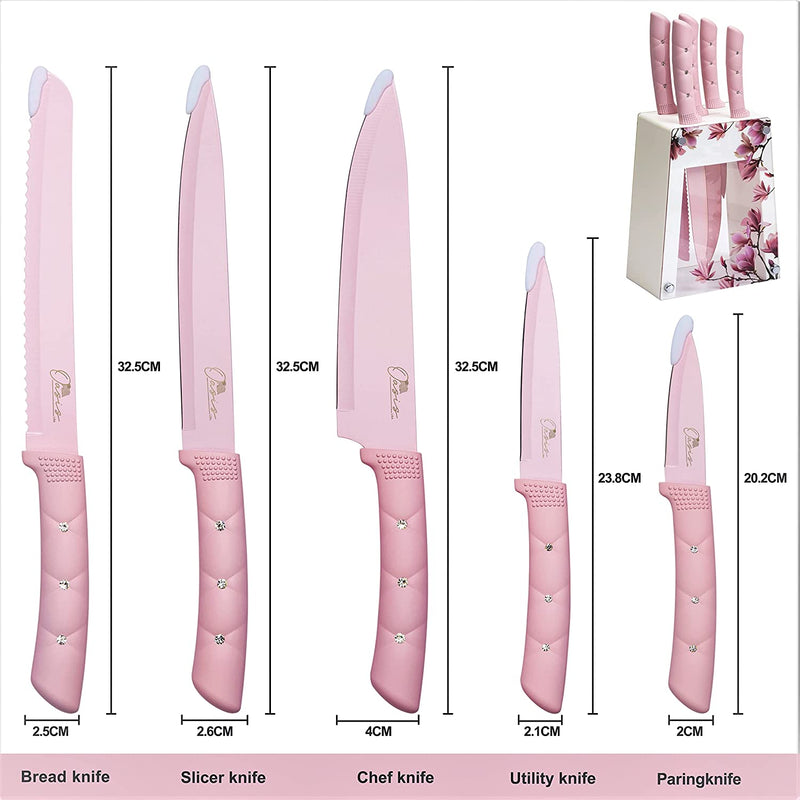 Kitchen Knife Set, Oasisusa Stainless Steel Sharp Knife Sets with ABS Stand, Non-Fading Pink Color Flower Patterned Stainless Steel Blade with Triple-Riveted Handles. Gift for Women and Girls Home & Garden > Kitchen & Dining > Kitchen Tools & Utensils > Kitchen Knives OasisUSA   