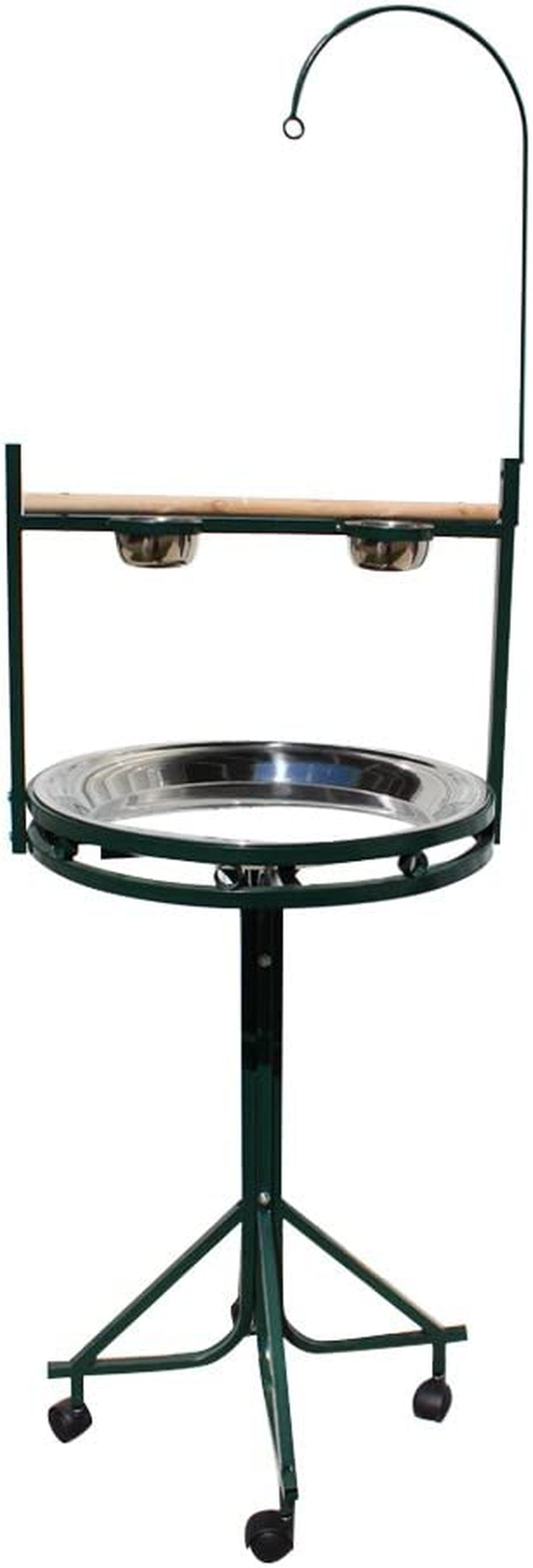 Birds LOVE Stainless Steel Tray, Non-Toxic, Powder Coated Parrot Playstand with Perch, Toy Hook and Stainless Steel Cups (Green)