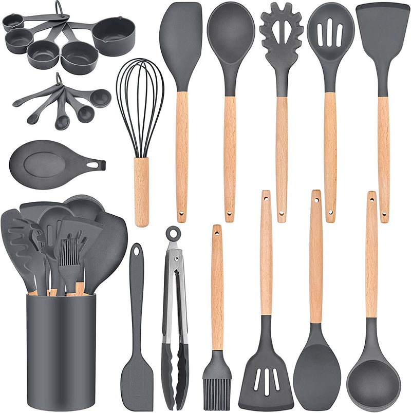 Teamfar 24PCS Cooking Utensil Set with Holder, Silicone Kitchen Cookware Tools with Wooden Handle, Spatula Spoon Turner, Non-Toxic & Non-Stick, Heat-Resistant & Dishwasher Safe, Colorful Home & Garden > Kitchen & Dining > Kitchen Tools & Utensils TeamFar Gray 24 