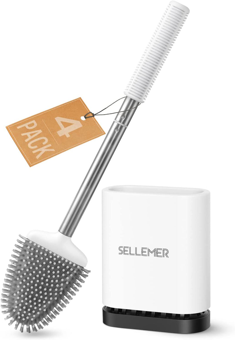 Sellemer Toilet Brush and Holder 2 Pack for Bathroom, Flexible Toilet Bowl Brush Head with Silicone Bristles, Compact Size for Storage and Organization, Ventilation Slots Base (White)