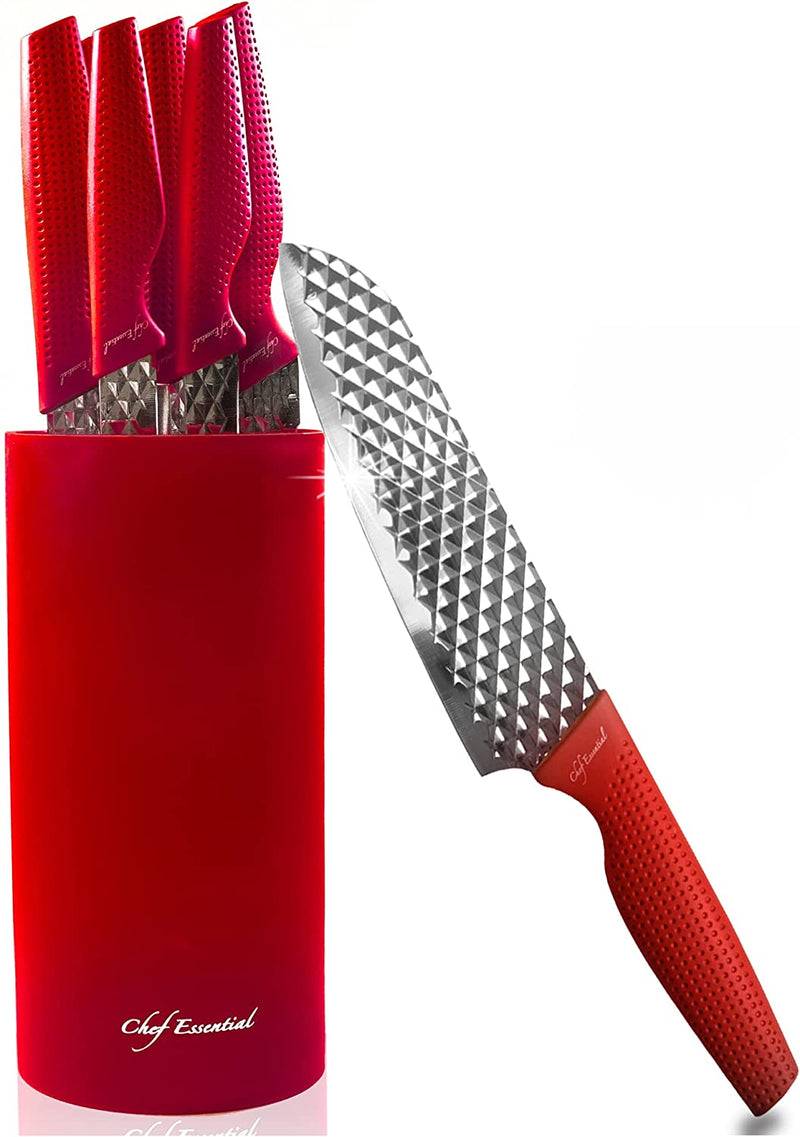 Luxury Kitchen Block Set with 6 Stainless Steel Knives, Chef Quality Utensils with Santoku, Paring, Carving, Utility, and Bread Cutlery, Precision Sharp Blades, All-Purpose Use (Red) Home & Garden > Kitchen & Dining > Kitchen Tools & Utensils > Kitchen Knives Chef Essential Red  
