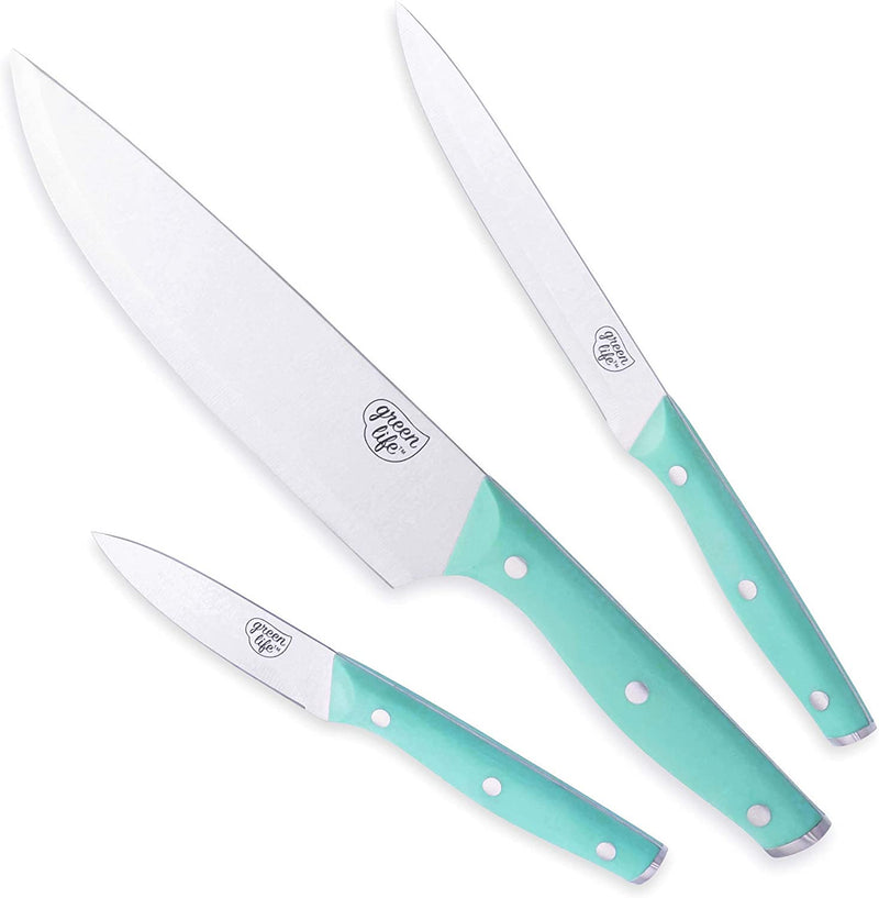 Greenlife High Carbon Stainless Steel 13 Piece Wood Knife Block Set with Chef Steak Knives and More, Comfort Grip Handles, Triple Rivet Cutlery, Soft Pink Home & Garden > Kitchen & Dining > Kitchen Tools & Utensils > Kitchen Knives GreenLife Turquoise 3 Piece Knife Set with Covers 
