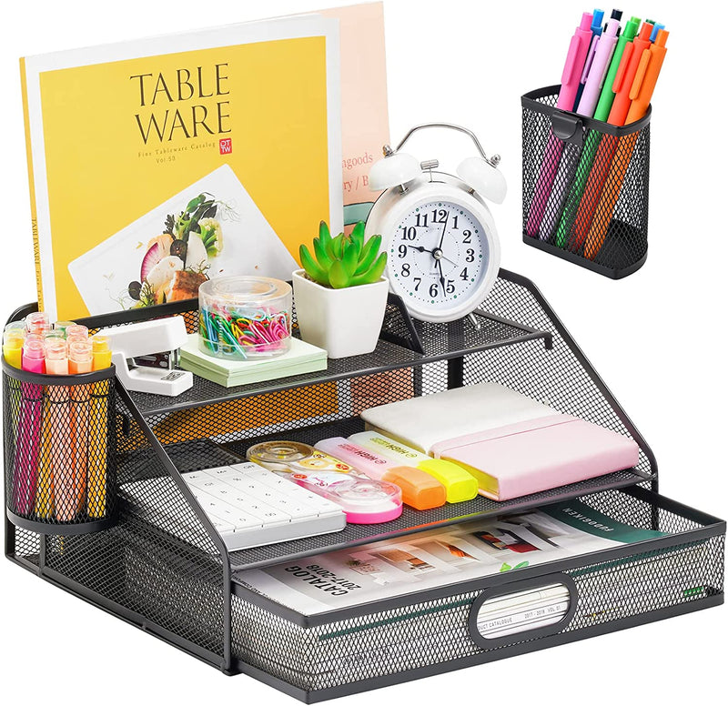 Marbrasse 3 Tier Mesh Desk Organizer with Drawer, Multi-Functional Desk Organizers and Accessories, Paper Letter Organizer with 2 Pen Holder for Home Office Supplies - Black Home & Garden > Household Supplies > Storage & Organization Marbrasse Mesh File Holder with Drawer  