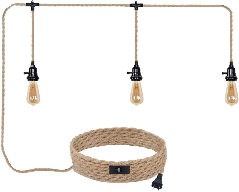 ALAISLYC 3 Light Plug in Pendant Lights Cord Hanging Lamp Kit with Switch 22 Ft Long Hemp Rope Farmhouse Pndant Light Cord Lighting Fixture Kits DIY Hanging Light Home & Garden > Lighting > Lighting Fixtures ALAISLYC 1-Pack/3-Light  