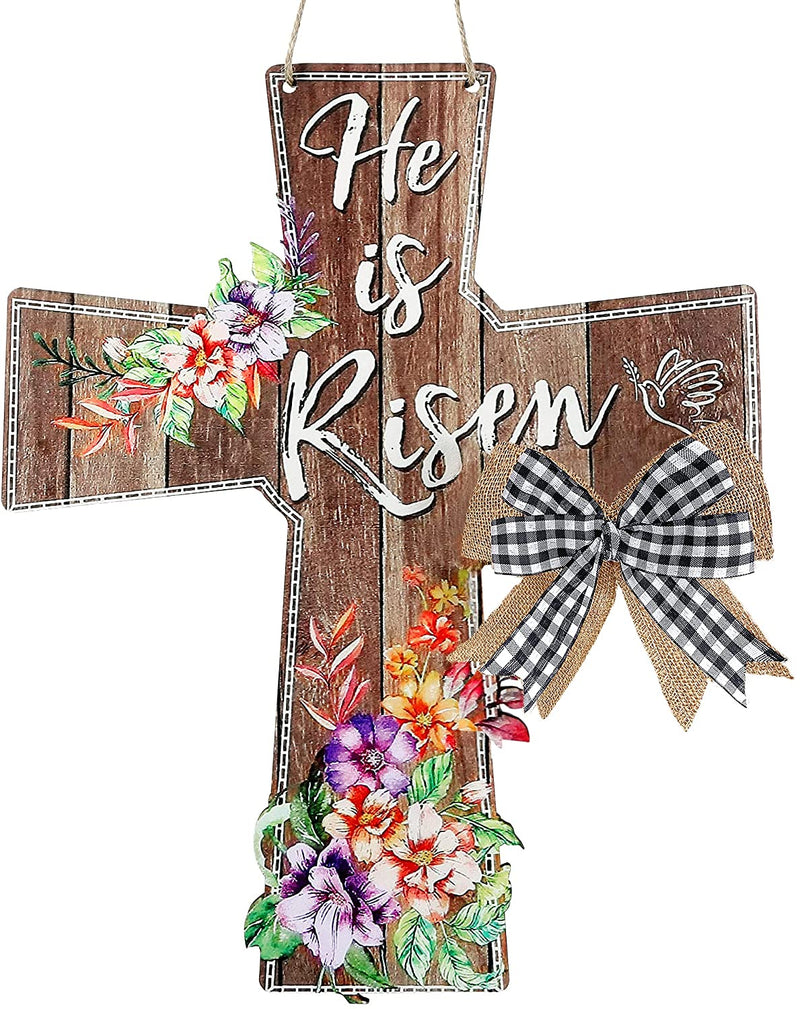 Sggvecsy Easter Wooden Hanging Door Sign He Is Risen Cross Door Sign Decoration Rustic Easter Wood Sign Plaque with Flowers Bowknot for Spring Wall Farmhouse Home Window Outdoor Indoor Decor