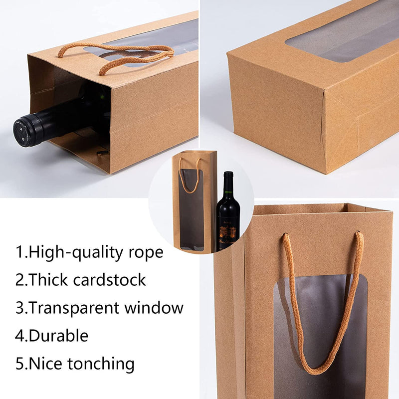 Dasofine Wine Gift Bag with Window, 20 Pack 4.13"X3.35"X 14.2" Tall Paper Wine Bags for Wine Bottle, Brown Gift Bag for New Year Birthday Housewarming Dinner Party