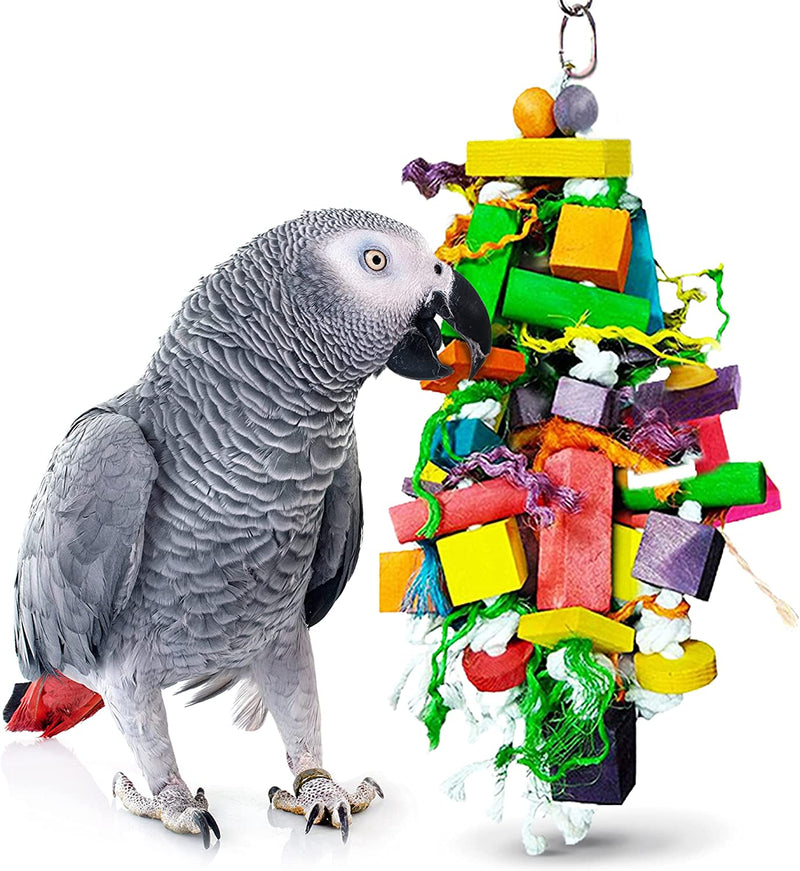 Sungrow Parrot Wooden and Rope Chewing Toy, Multi-Shaped and Multicolored Blocks and Cotton Rope with Hanging Loop Animals & Pet Supplies > Pet Supplies > Bird Supplies > Bird Toys Luffy Pets Collection 16 Inches  