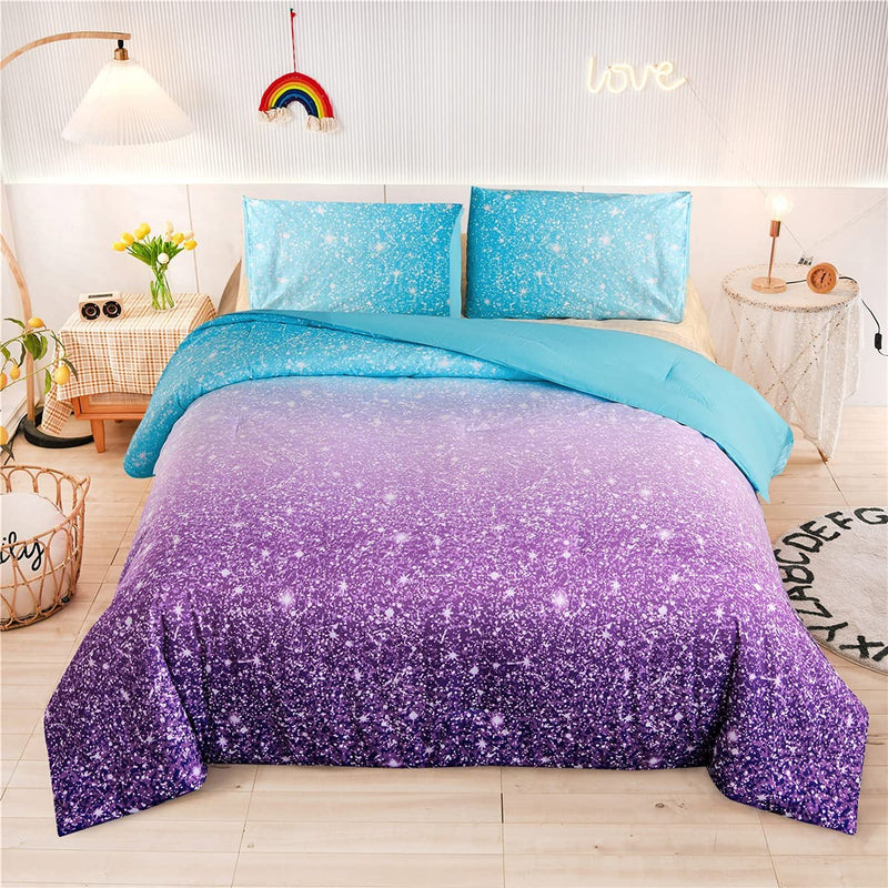 Holawakaka Kids Space Star Glitter Comforter Set Ombre Blue & Purple Print Gradient Bedding Set Full Size (Blue Purple, Full) Home & Garden > Linens & Bedding > Bedding Holawakaka Blue Purple Full 