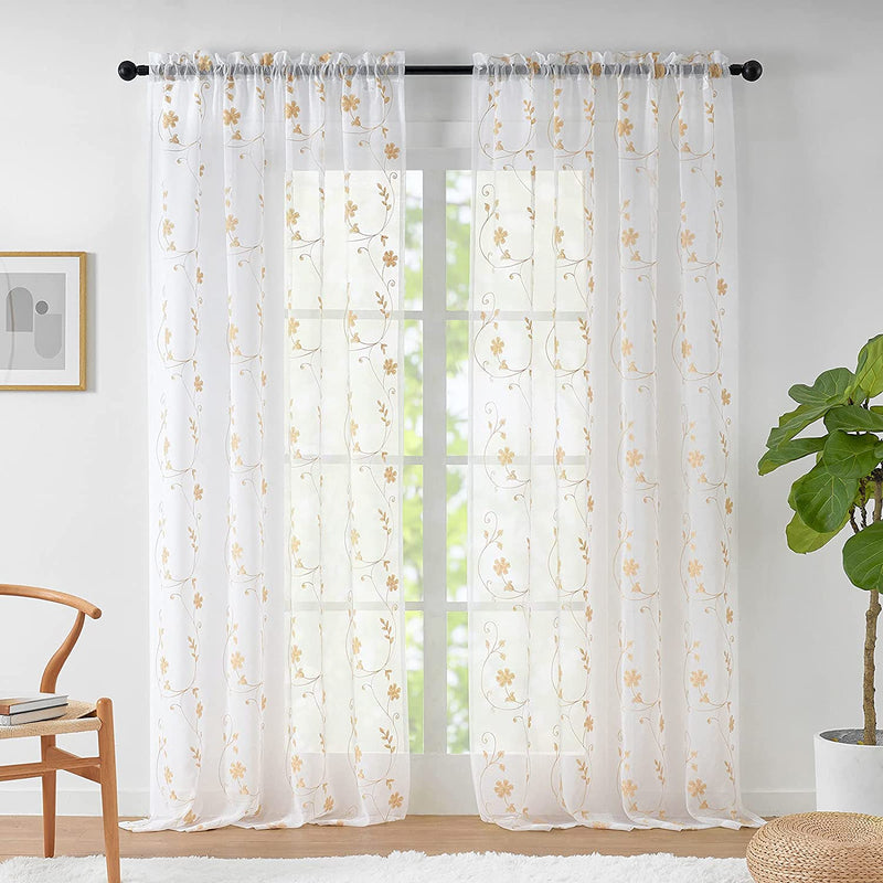 Floral Blue Sheer Curtains 63 Inch Length 2 Panels, Embroidered Sheer Curtains for Living Room, Rod Pocket Semi Sheer Drapes Window Curtain Panels for Kitchen, Bedroom, White and Blue, 52 X 63 Inch Home & Garden > Decor > Window Treatments > Curtains & Drapes CaaMoo Beige 52" W x 84" L 