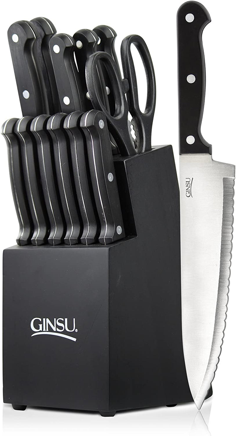 GINSU KIS-PU-DS-014-4 Kiso Dishwasher Safe Purple 14 Piece Knife Set with Black Block, 9" W X 15" H X 5" D
