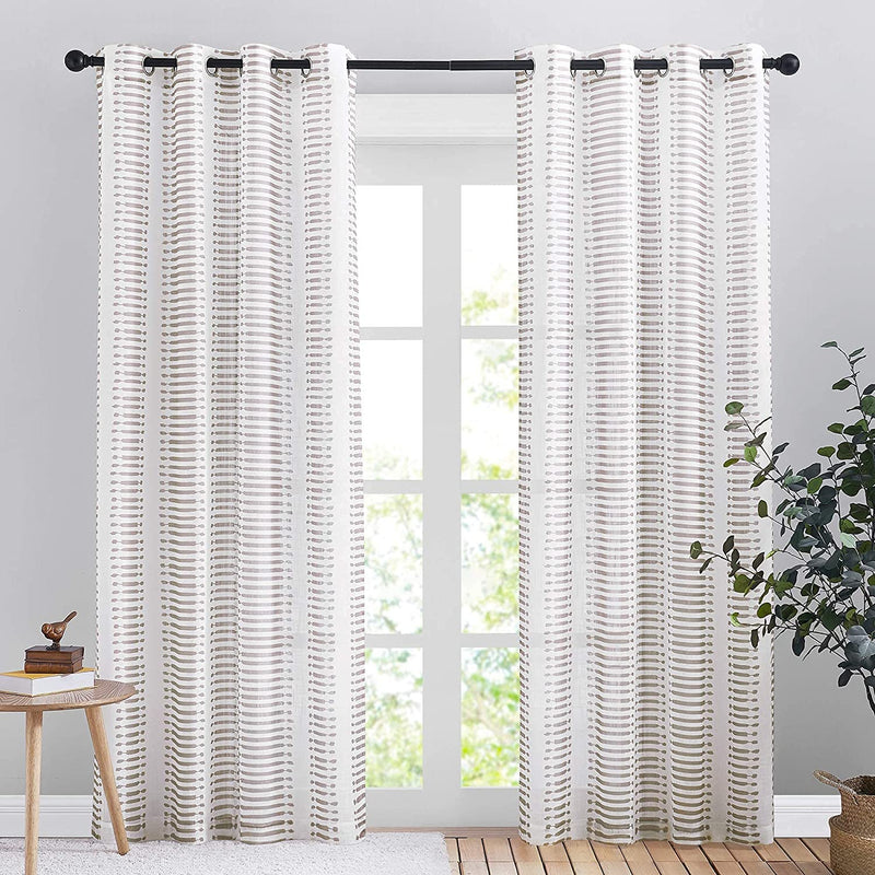 PONY DANCE Sheer Curtains 84 Inches Long - White Voile Panels Grommet Top Casual Design Light Filter Decoration with Stripes Pattern for Living Room, 50 X 84 In, Taupe, Set of 2 Home & Garden > Decor > Window Treatments > Curtains & Drapes PONY DANCE   