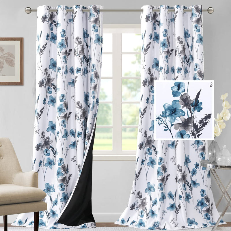 H.VERSAILTEX 100% Blackout Curtains 84 Inch Length 2 Panels Set Cattleya Floral Printed Drapes Leah Floral Thermal Curtains for Bedroom with Black Liner Sound Proof Curtains, Navy and Taupe Home & Garden > Decor > Window Treatments > Curtains & Drapes H.VERSAILTEX Grey/Blue 52"W x 108"L 