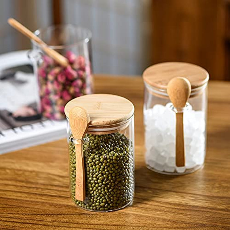 Piscepio Glass Jar Containers with Bamboo Airtight Lid Wooden Spoon Scoop Food Storage Canister Clear Glass Containers Kitchen Organization Jars 3 Pcs 450ML Home & Garden > Decor > Decorative Jars Piscepio   