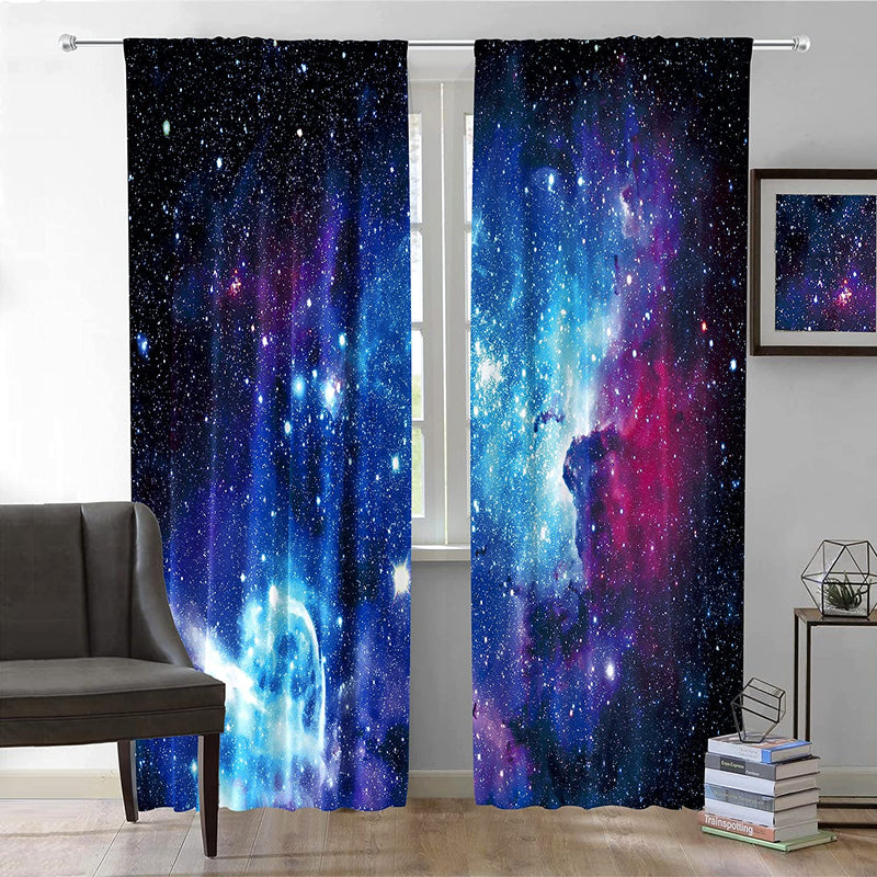 Riyidecor Galaxy Outer Space Nebula Curtains (2 Panels 42 X 63 Inch) Blue Rod Pocket Universe Planets Boys Fantasy Starry Black Art Printed Living Room Bedroom Window Drapes Treatment Fabric WW-CLLE Home & Garden > Decor > Window Treatments > Curtains & Drapes Pan na Blue 52Wx84H 