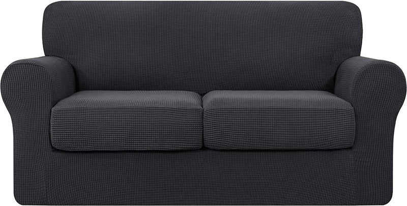 Hokway Couch Cover for 2 Cushion Couch 3 Piece Stretch Sofa Slipcovers with Separate Cushion for 2 Seater Couch Furniture Covers for Kids and Pets in Living Room(Medium,Dark Blue) Home & Garden > Decor > Chair & Sofa Cushions Hokway Grey Medium 