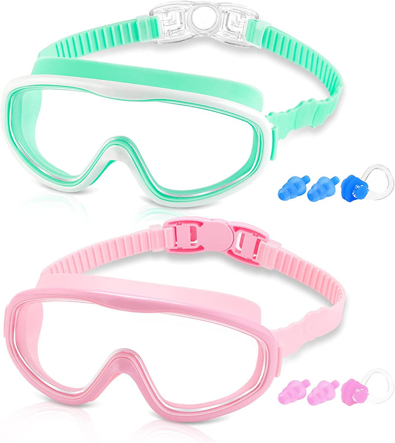 COOLOO Kids Swim Goggles for Age 3-15, 2 Pack Kids Goggles for Swimming with Nose Cover, No Leaking, Anti-Fog, Waterproof Sporting Goods > Outdoor Recreation > Boating & Water Sports > Swimming > Swim Goggles & Masks COOLOO M. Wv-green+pink  