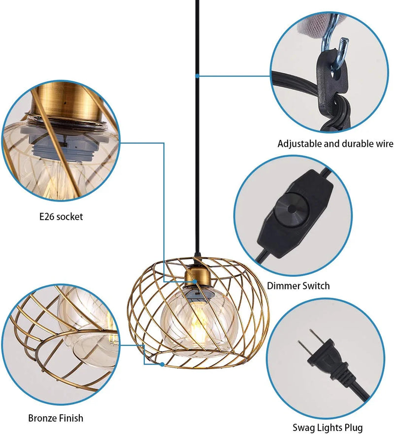 YLONG-ZS Hanging Lamps Swag Lights Plug in Pendant Light with On/Off Switch Wire Caged Hanging Pendant Lamp,Bronze Finish with Amber Glass Inner Shade Home & Garden > Lighting > Lighting Fixtures YLONG-ZS   