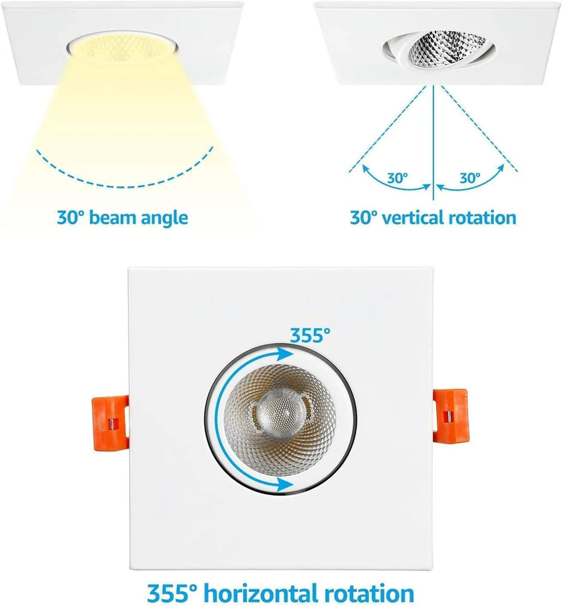 TORCHSTAR 3 Inch Gimbal LED Recessed Lighting Square, Angle Adjustable, 7W Dimmable Downlight, CRI 90+, 4000K Cool White, Etl/Energy Star/Ja8/T24 Certified, White, Pack of 6