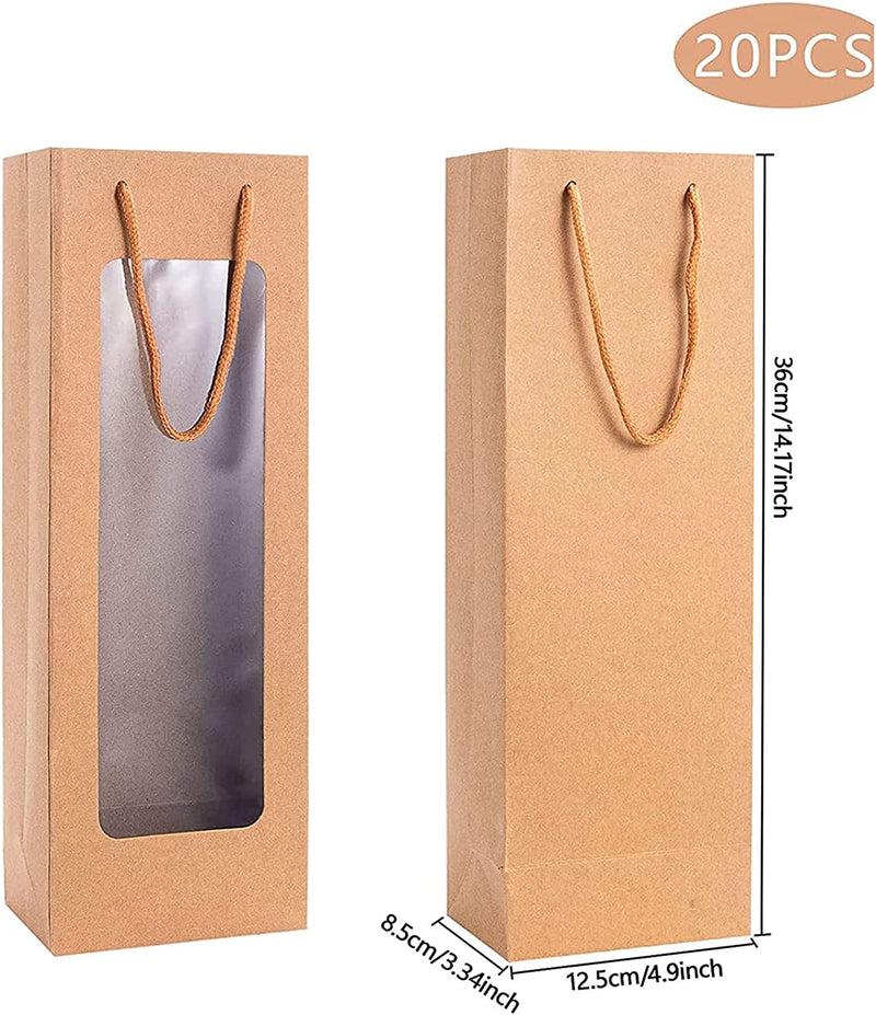 Dasofine Wine Gift Bag with Window, 20 Pack 4.13"X3.35"X 14.2" Tall Paper Wine Bags for Wine Bottle, Brown Gift Bag for New Year Birthday Housewarming Dinner Party