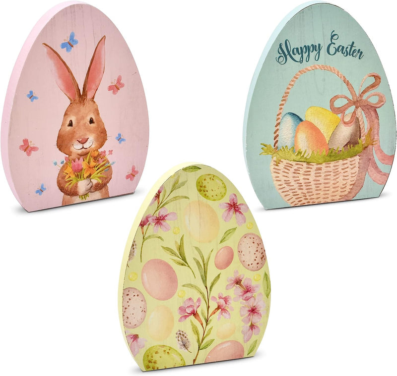 Wooden Easter Egg Table Decorations 3 Pack Decorative Spring Eggs Bunny Rabbit Flowers Design Tabletop Party Centerpiece Signs Rustic Wood Holiday Shelf Topper for Home Kitchen Office Mantle Decor Home & Garden > Decor > Seasonal & Holiday Decorations Gift Boutique   
