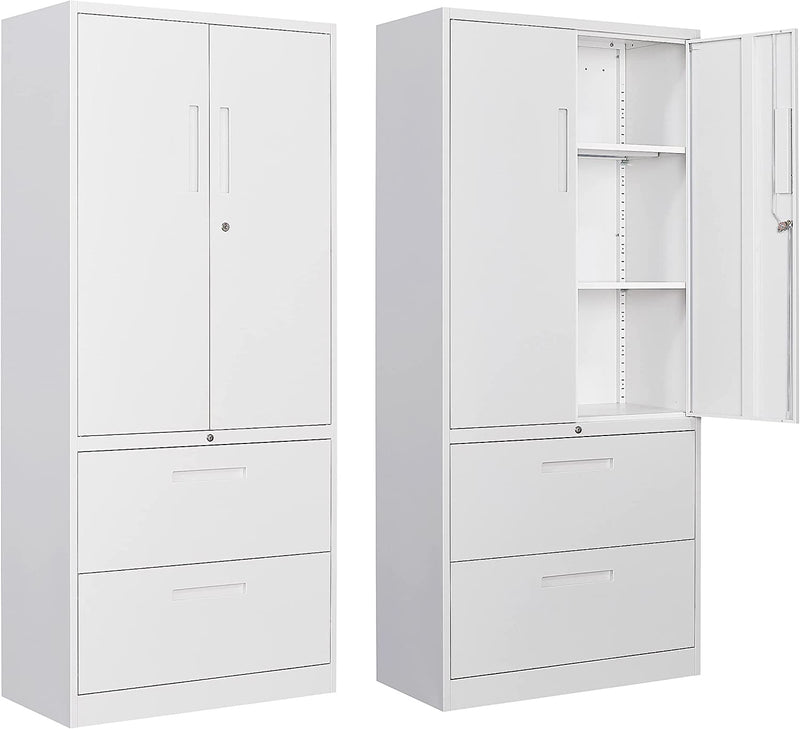 Metal Storage Cabinet with 2 Drawer, 71" Steel Lockable File Cabinet, Locking Steel Storage Cabinet with 2 Adjustable Shelves for Home, Office, Warehouse, Garage, School (Black, 2 Drawers) Home & Garden > Household Supplies > Storage & Organization SISESOL White 2 drawers 