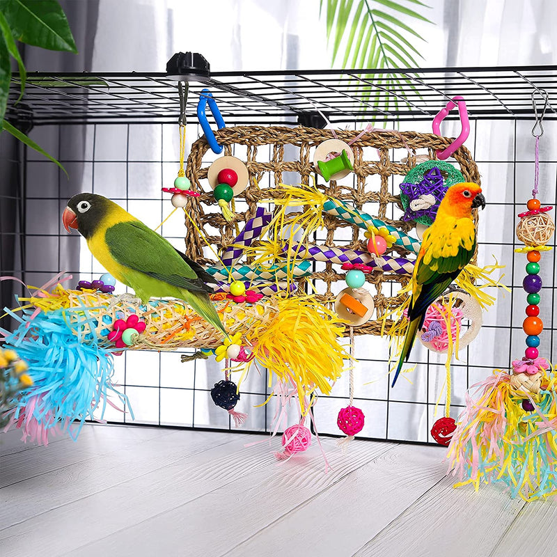 4 PCS Bird Toys,Bird Foraging Wall Toy with Bird Shredder Toy Edible Seagrass Woven Climbing Hammock Mat with Colorful Chewing Toys for Parakeets Conure Cockatiel Budgerigars Finch Lovebirds (Style A) Animals & Pet Supplies > Pet Supplies > Bird Supplies > Bird Toys KEVOTOMP   