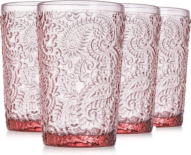 Tebery 4 Pack Grey Highball Glasses Beverage Cups Old Fashioned Drinking Tumbler, 12Oz Romantic Water Glasses Vintage Glassware Set for Water, Juice, Wine, Beer and Cocktails Home & Garden > Kitchen & Dining > Tableware > Drinkware Tebery Pink  