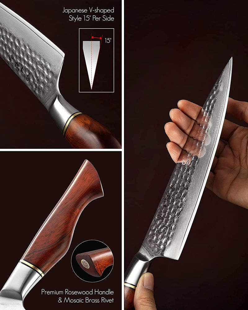 HEZHEN Damascus Kitchen Knives Set with Block,Pro Knife Set-7Pc,Premium Powder Steel Boxed Knives Sets,Natural Rosewood Handle,Suitable for Home Cooking or Restaurant,Master Hammered Finish Series Home & Garden > Kitchen & Dining > Kitchen Tools & Utensils > Kitchen Knives Yangjiangshi Yangdong lansheng e-commerce co.,ltd   