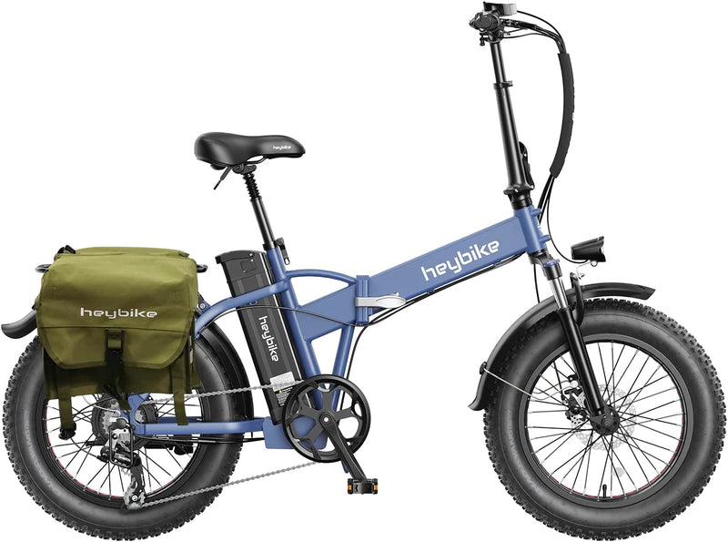 Heybike Mars Electric Bike Foldable 20" X 4.0 Fat Tire Electric Bicycle with 500W Motor, 48V 12.5AH Removable Battery and Dual Shock Absorber for Adults Sporting Goods > Outdoor Recreation > Cycling > Bicycles Heybike Blue With Green Saddlebag 