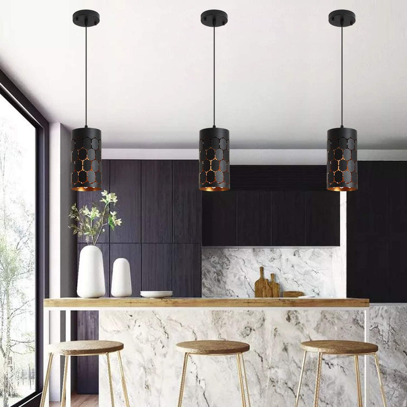 Contemporary Pendant Light with Cylindrical Metal Cage, One-Light Adjustable Industrial Mini Pendant Lighting Fixture for Kitchen Island Cafe Bar, Gold Inner and Black Finish