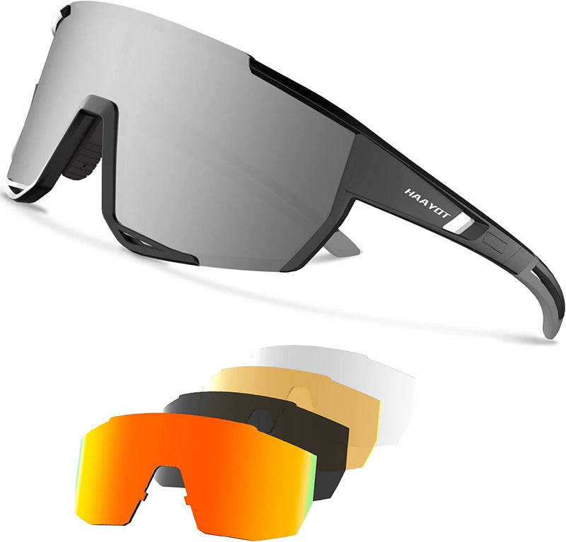 HAAYOT Cycling Glasses Polarized Baseball Sunglasses for Men Women 1 or 5 Lenses Sport Sunglasses for Fishing Driving Running Sporting Goods > Outdoor Recreation > Cycling > Cycling Apparel & Accessories HAAYOT Black Frame & Silver Lens  