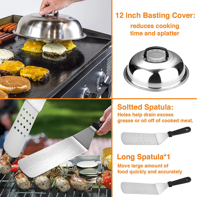Kweetle 139PCS Griddle Accessories Kit, Flat Top Grilling Tools Stainless Steel Grill BBQ Spatula Cover Scraper Tong Cooking Utensils Set with Carry Bag for Outdoor Barbecue Camping