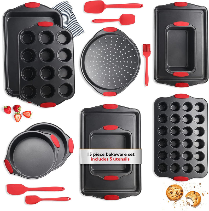 Eatex Nonstick Bakeware Sets with Baking Pans Set, 15 Piece Baking Set with Muffin Pan, Cake Pan & Cookie Sheets for Baking Nonstick Set, Steel Baking Sheets for Oven with Kitchen Utensils Set - Brown Home & Garden > Kitchen & Dining > Cookware & Bakeware EATEX Black 15 Piece Set 