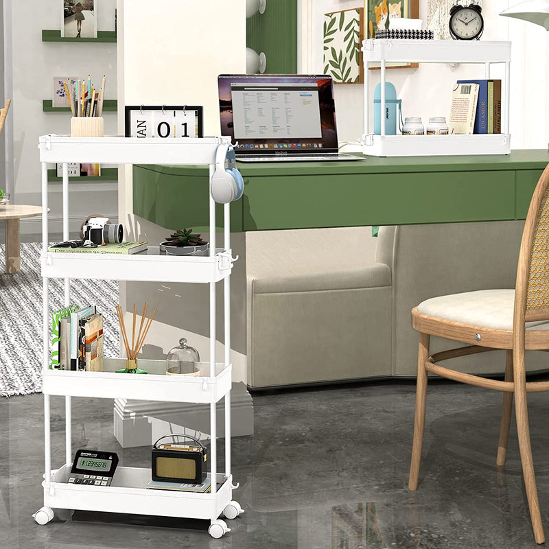 SPACEKEEPER Slim Rolling Storage Cart 4 Tier Bathroom Organizer Mobile Shelving Unit Storage Rolling Utility Cart Tower Rack for Kitchen Bathroom Laundry Narrow Places, White