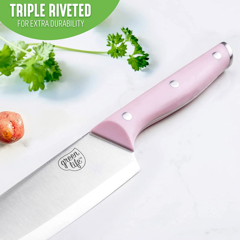 Greenlife High Carbon Stainless Steel 13 Piece Wood Knife Block Set with Chef Steak Knives and More, Comfort Grip Handles, Triple Rivet Cutlery, Soft Pink Home & Garden > Kitchen & Dining > Kitchen Tools & Utensils > Kitchen Knives GreenLife   