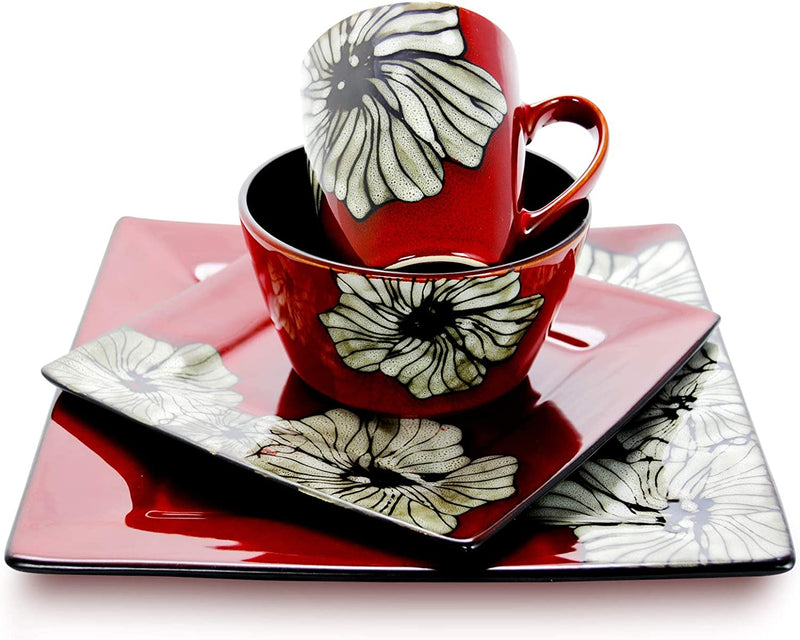Elama Stoneware Dinnerware Collection, 16 Piece, Red with White Flower Accents Home & Garden > Kitchen & Dining > Tableware > Dinnerware Elama   